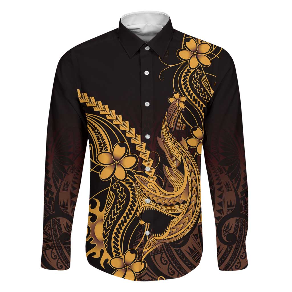 Gold Black Aloha Hawaii Family Matching Off The Shoulder Long Sleeve Dress and Hawaiian Shirt Polynesian Shark Tattoo With Plumeria - Polynesian Pride