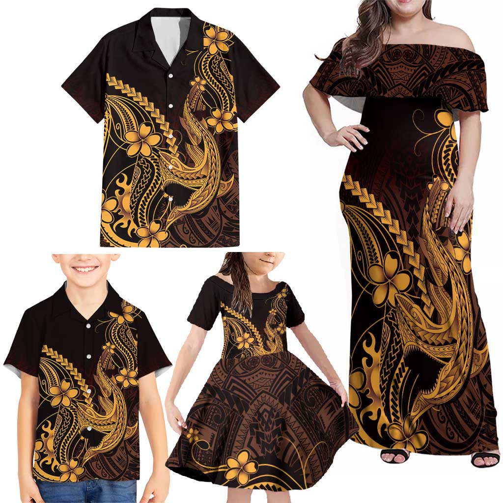 Gold Black Aloha Hawaii Family Matching Off Shoulder Maxi Dress and Hawaiian Shirt Polynesian Shark Tattoo With Plumeria - Polynesian Pride