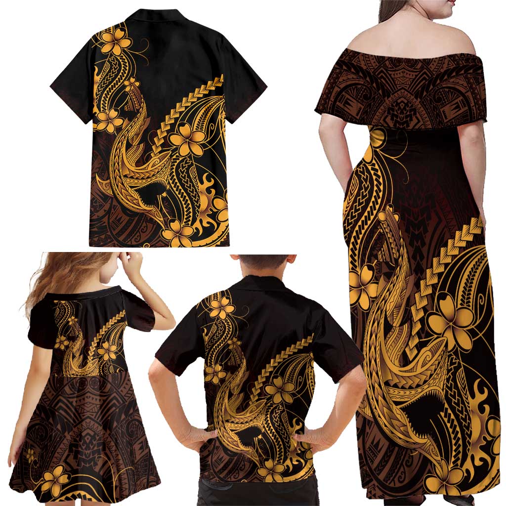 Gold Black Aloha Hawaii Family Matching Off Shoulder Maxi Dress and Hawaiian Shirt Polynesian Shark Tattoo With Plumeria - Polynesian Pride