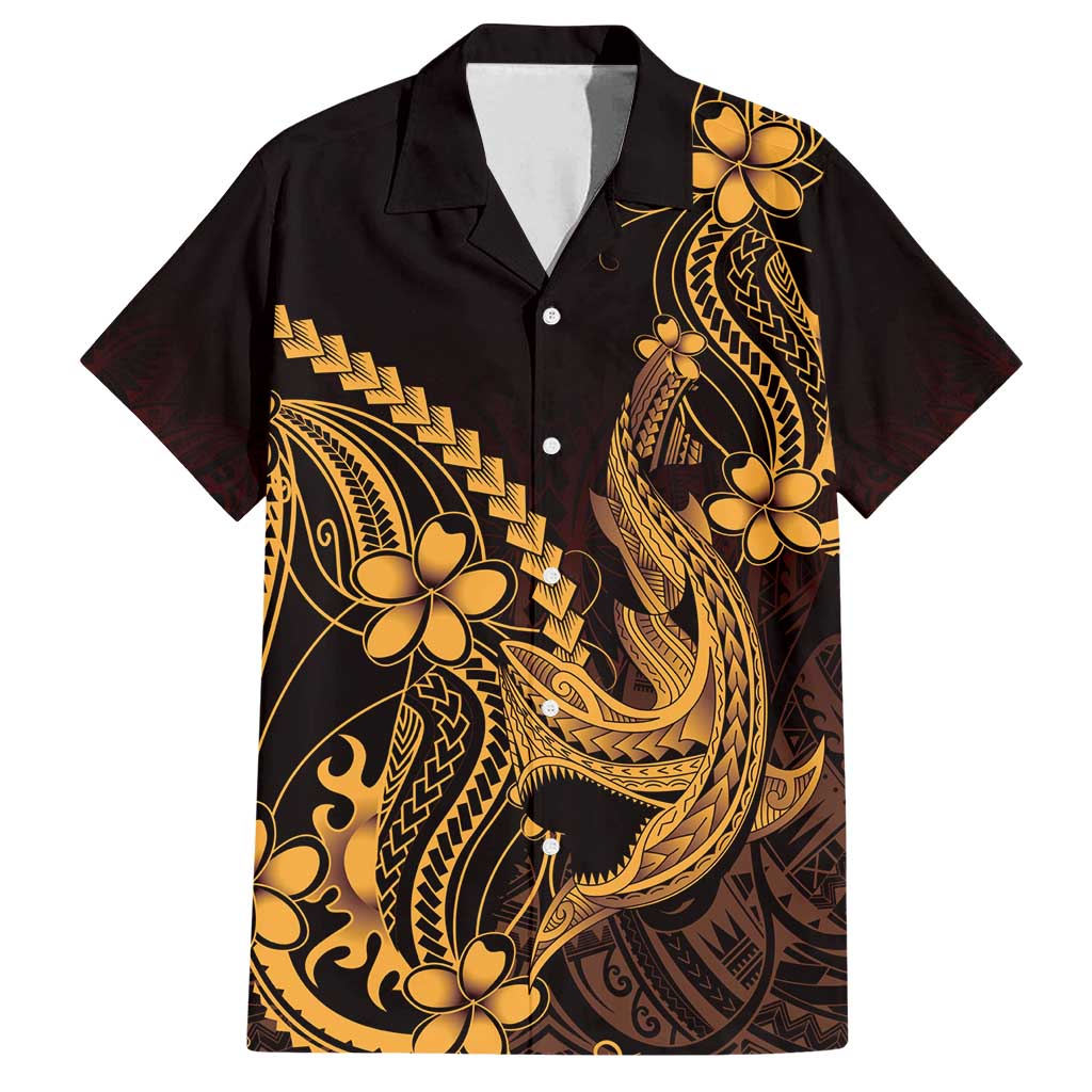 Gold Black Aloha Hawaii Family Matching Off Shoulder Maxi Dress and Hawaiian Shirt Polynesian Shark Tattoo With Plumeria - Polynesian Pride