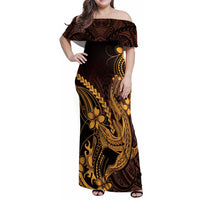Gold Black Aloha Hawaii Family Matching Off Shoulder Maxi Dress and Hawaiian Shirt Polynesian Shark Tattoo With Plumeria - Polynesian Pride