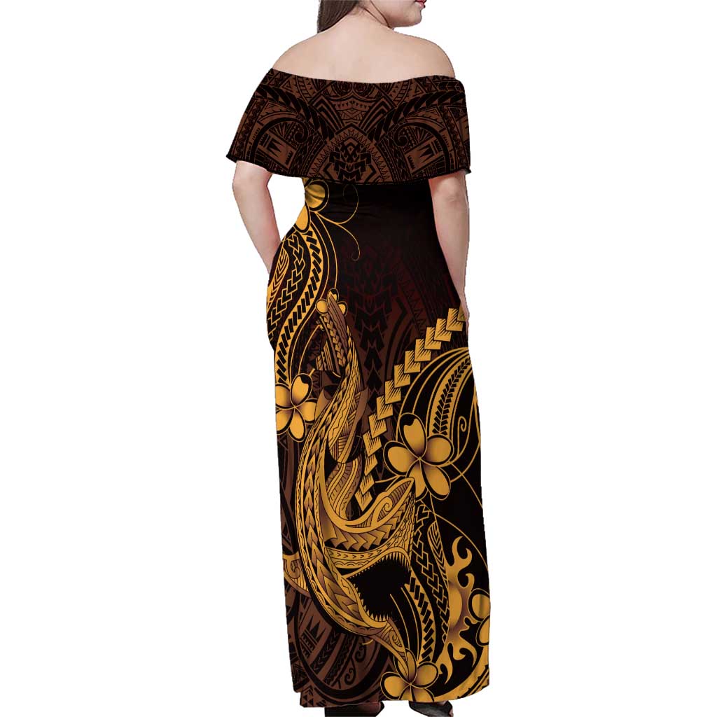 Gold Black Aloha Hawaii Family Matching Off Shoulder Maxi Dress and Hawaiian Shirt Polynesian Shark Tattoo With Plumeria - Polynesian Pride