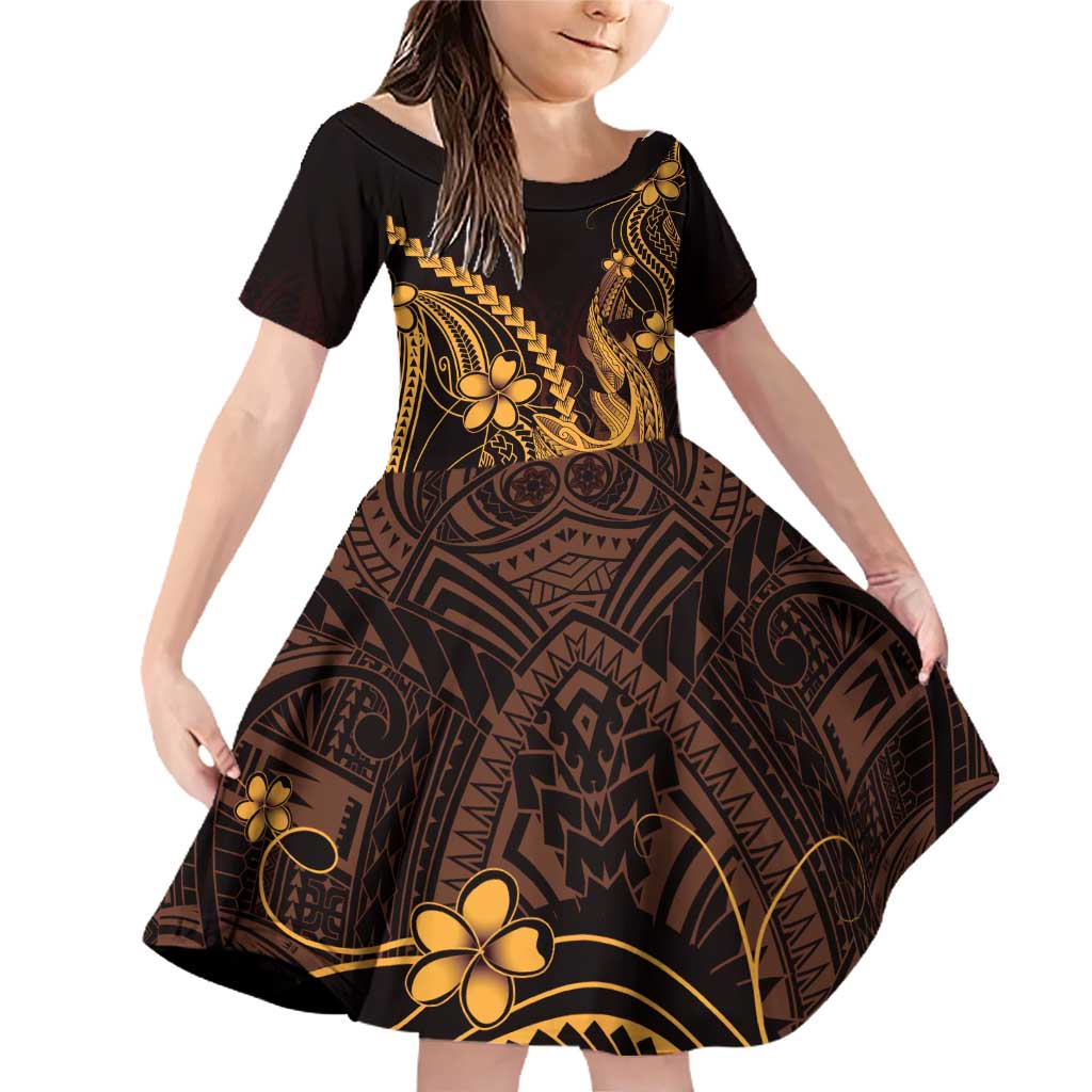 Gold Black Aloha Hawaii Family Matching Off Shoulder Short Dress and Hawaiian Shirt Polynesian Shark Tattoo With Plumeria - Polynesian Pride