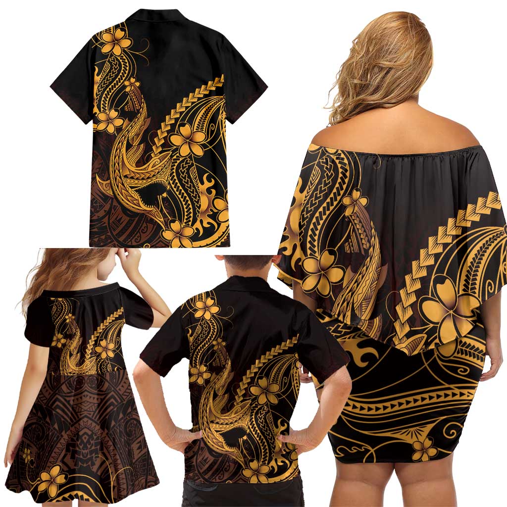 Gold Black Aloha Hawaii Family Matching Off Shoulder Short Dress and Hawaiian Shirt Polynesian Shark Tattoo With Plumeria - Polynesian Pride