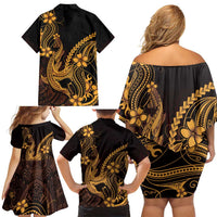 Gold Black Aloha Hawaii Family Matching Off Shoulder Short Dress and Hawaiian Shirt Polynesian Shark Tattoo With Plumeria - Polynesian Pride