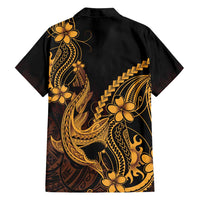 Gold Black Aloha Hawaii Family Matching Off Shoulder Short Dress and Hawaiian Shirt Polynesian Shark Tattoo With Plumeria - Polynesian Pride