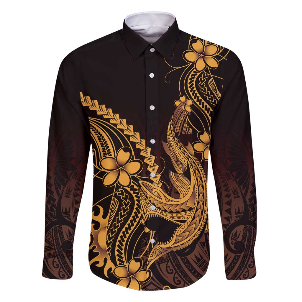 Gold Black Aloha Hawaii Family Matching Off Shoulder Short Dress and Hawaiian Shirt Polynesian Shark Tattoo With Plumeria - Polynesian Pride