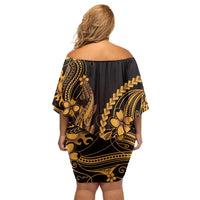 Gold Black Aloha Hawaii Family Matching Off Shoulder Short Dress and Hawaiian Shirt Polynesian Shark Tattoo With Plumeria - Polynesian Pride