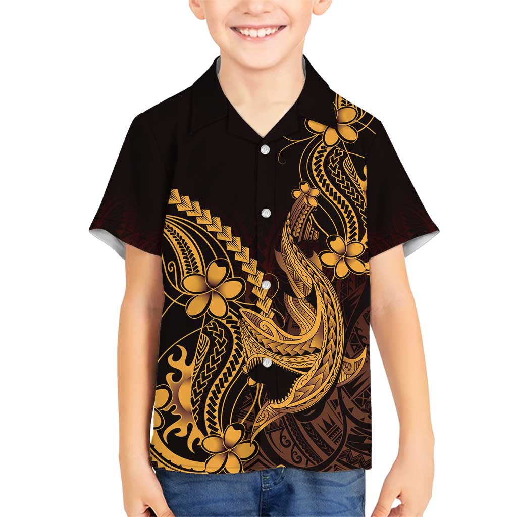 Gold Black Aloha Hawaii Family Matching Off Shoulder Short Dress and Hawaiian Shirt Polynesian Shark Tattoo With Plumeria - Polynesian Pride