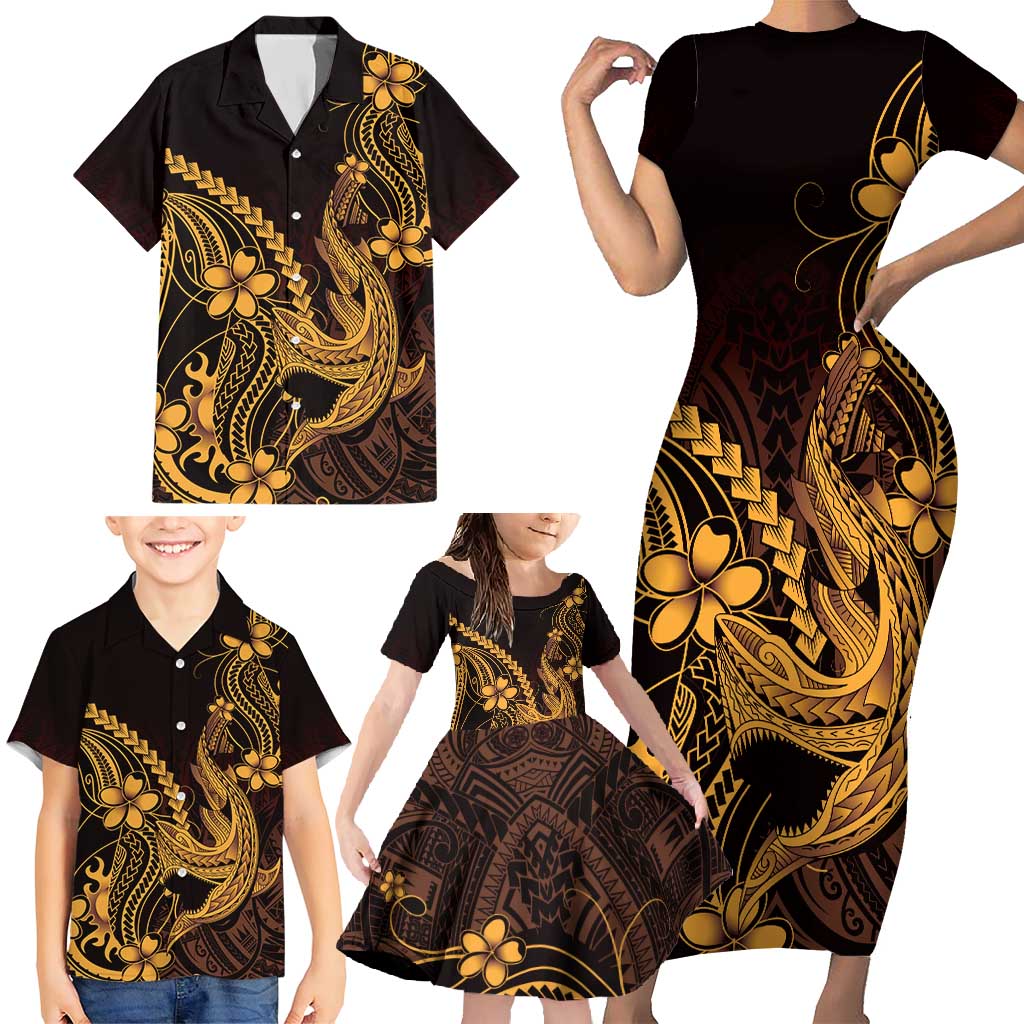 Gold Black Aloha Hawaii Family Matching Short Sleeve Bodycon Dress and Hawaiian Shirt Polynesian Shark Tattoo With Plumeria - Polynesian Pride