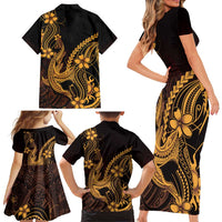 Gold Black Aloha Hawaii Family Matching Short Sleeve Bodycon Dress and Hawaiian Shirt Polynesian Shark Tattoo With Plumeria - Polynesian Pride