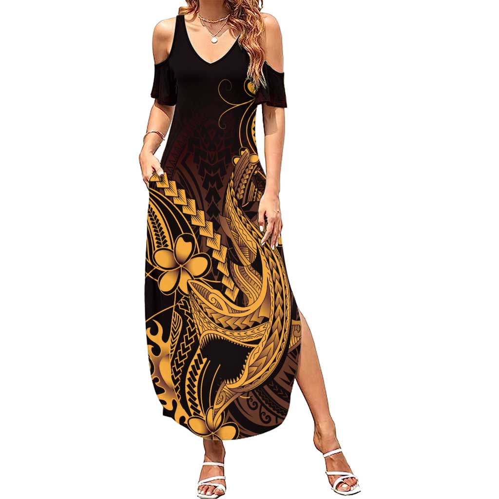 Gold Black Aloha Hawaii Family Matching Summer Maxi Dress and Hawaiian Shirt Polynesian Shark Tattoo With Plumeria - Polynesian Pride
