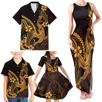 Gold Black Aloha Hawaii Family Matching Tank Maxi Dress and Hawaiian Shirt Polynesian Shark Tattoo With Plumeria - Polynesian Pride