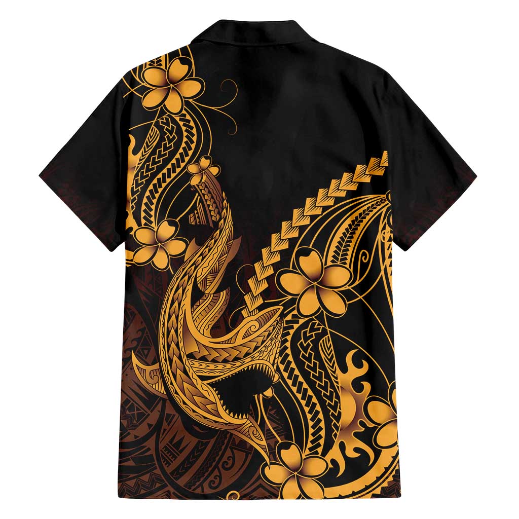 Gold Black Aloha Hawaii Family Matching Tank Maxi Dress and Hawaiian Shirt Polynesian Shark Tattoo With Plumeria - Polynesian Pride