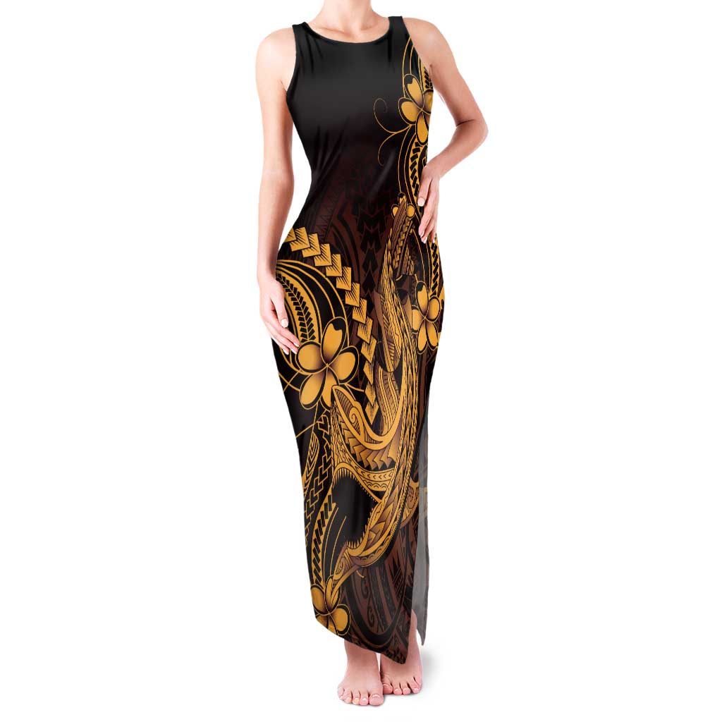 Gold Black Aloha Hawaii Family Matching Tank Maxi Dress and Hawaiian Shirt Polynesian Shark Tattoo With Plumeria - Polynesian Pride