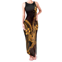 Gold Black Aloha Hawaii Family Matching Tank Maxi Dress and Hawaiian Shirt Polynesian Shark Tattoo With Plumeria - Polynesian Pride