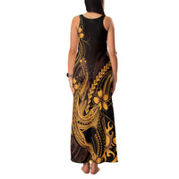 Gold Black Aloha Hawaii Family Matching Tank Maxi Dress and Hawaiian Shirt Polynesian Shark Tattoo With Plumeria - Polynesian Pride