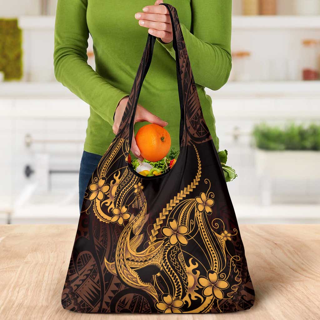 Gold Black Aloha Hawaii Grocery Bag Polynesian Shark Tattoo With Plumeria - Polynesian Pride
