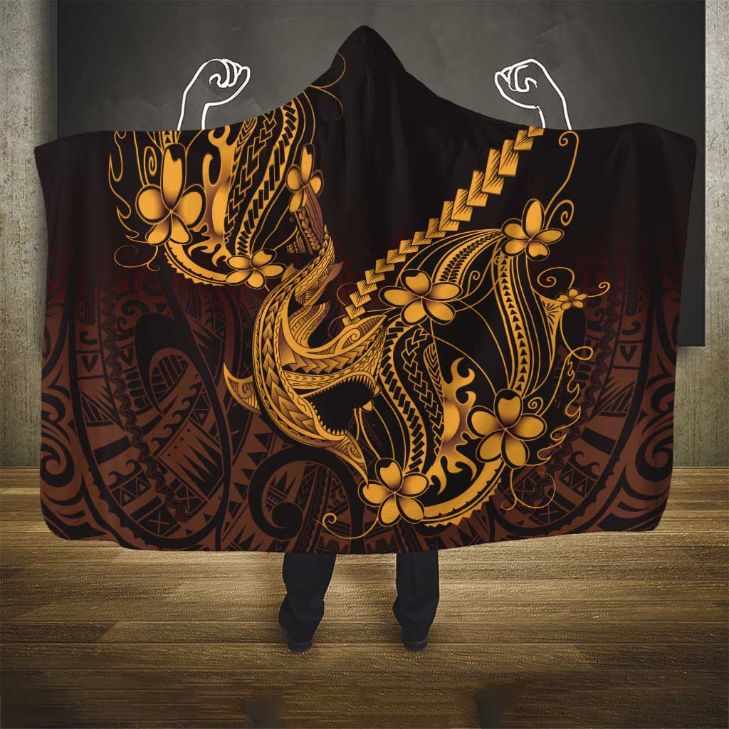 Gold Black Aloha Hawaii Hooded Blanket Polynesian Shark Tattoo With Plumeria LT14 - Polynesian Pride