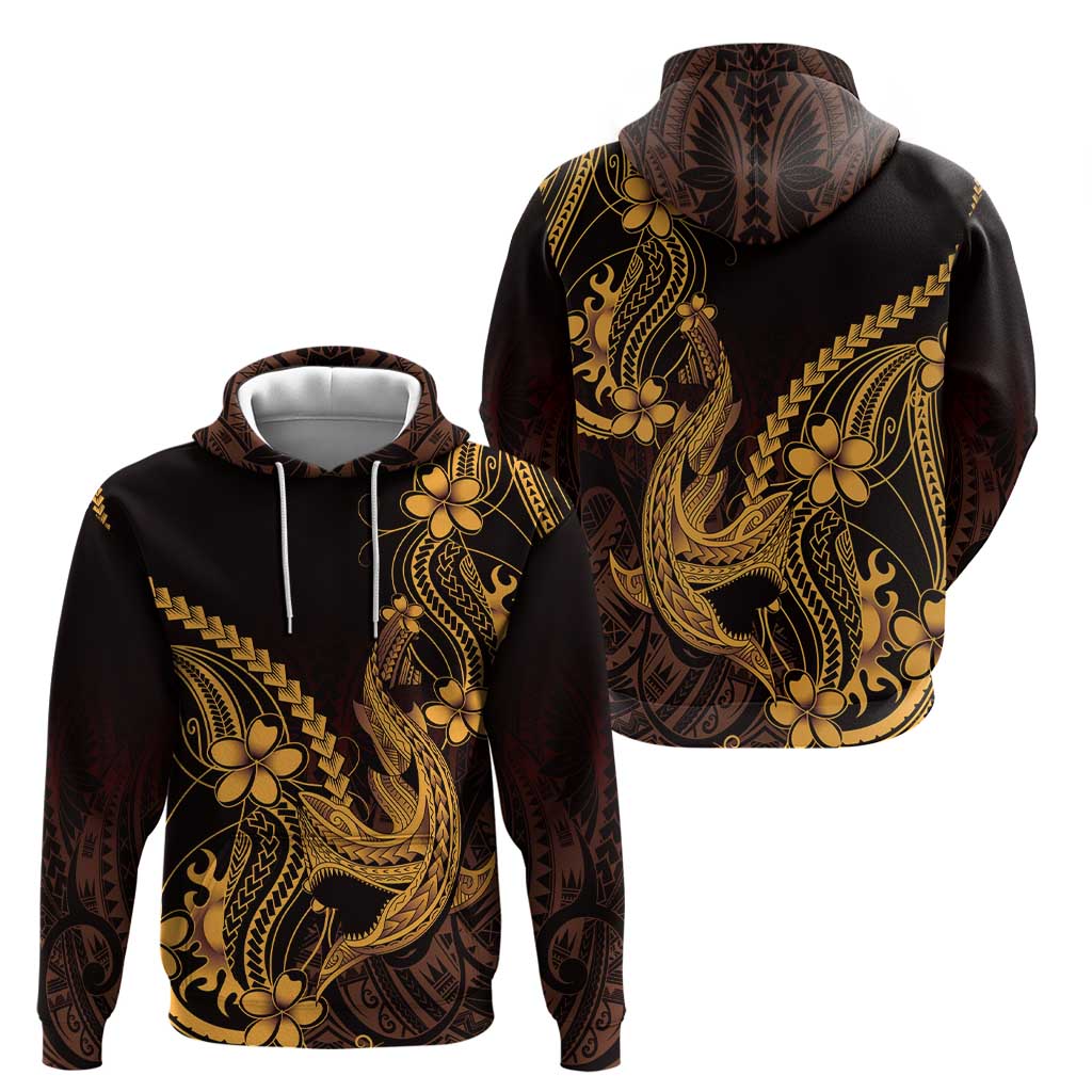 Gold Black Aloha Hawaii Hoodie Polynesian Shark Tattoo With Plumeria - Polynesian Pride