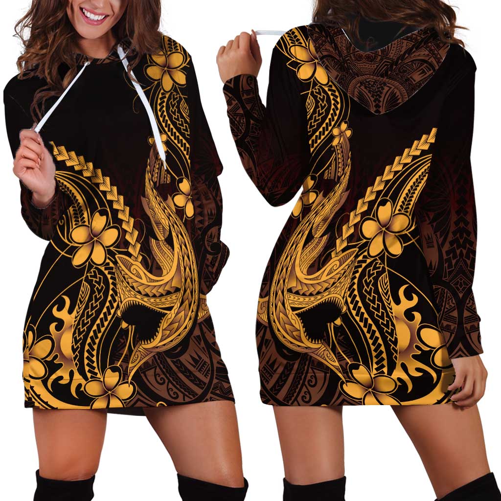 Gold Black Aloha Hawaii Hoodie Dress Polynesian Shark Tattoo With Plumeria - Polynesian Pride