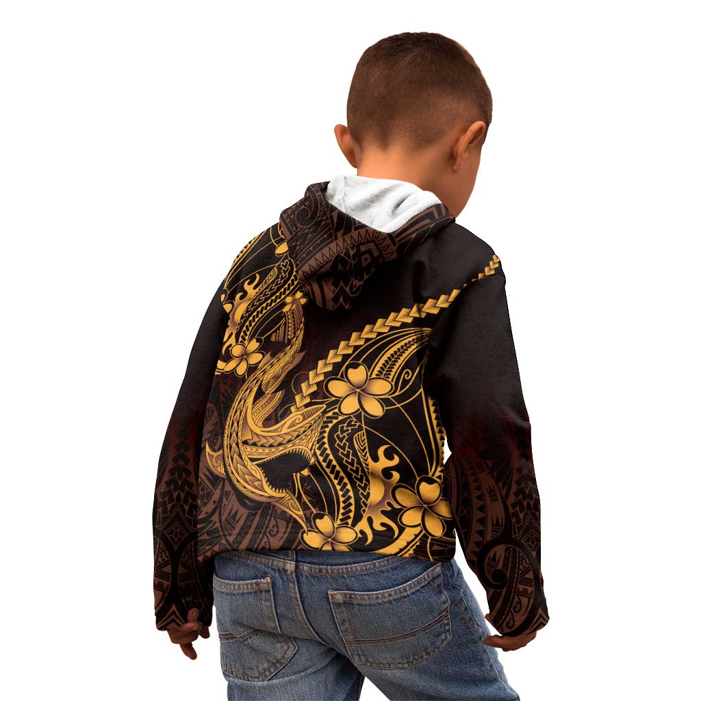 Gold Black Aloha Hawaii Kid Hoodie Polynesian Shark Tattoo With Plumeria - Polynesian Pride