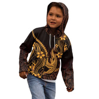 Gold Black Aloha Hawaii Kid Hoodie Polynesian Shark Tattoo With Plumeria - Polynesian Pride