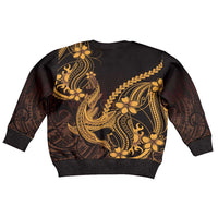 Gold Black Aloha Hawaii Kid Ugly Christmas Sweater Polynesian Shark Tattoo With Plumeria - Polynesian Pride