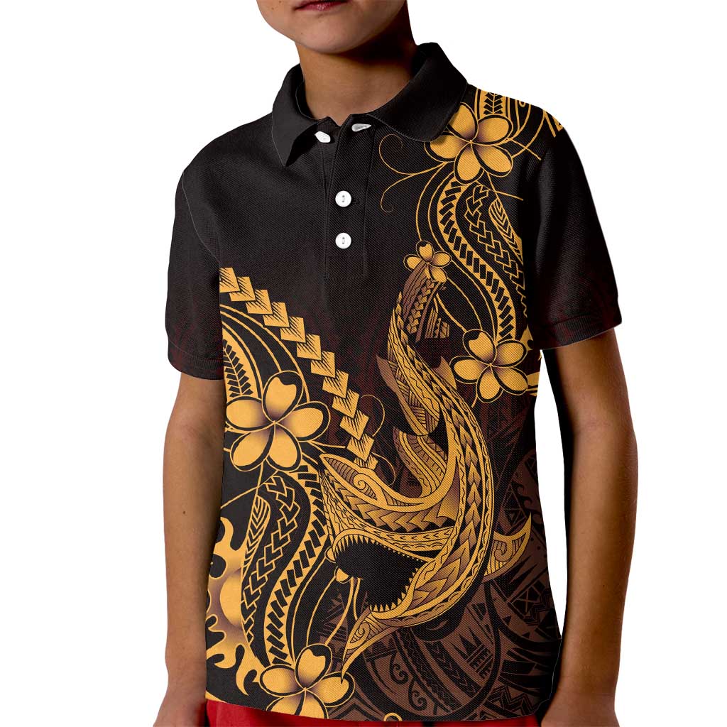 Gold Black Aloha Hawaii Kid Polo Shirt Polynesian Shark Tattoo With Plumeria - Polynesian Pride
