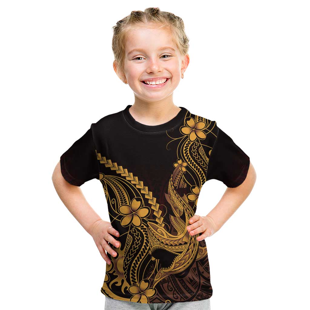 Gold Black Aloha Hawaii Kid T Shirt Polynesian Shark Tattoo With Plumeria - Polynesian Pride