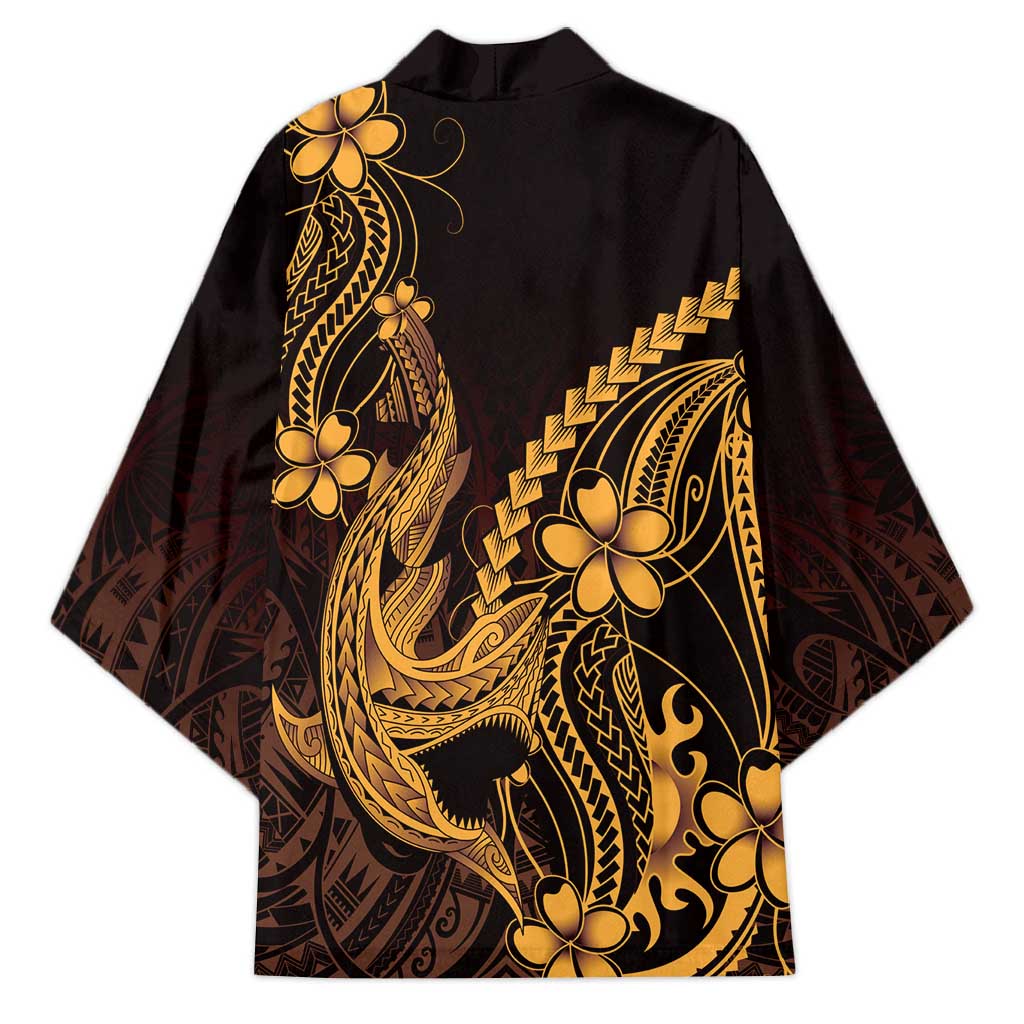 Gold Black Aloha Hawaii Kimono Polynesian Shark Tattoo With Plumeria - Polynesian Pride