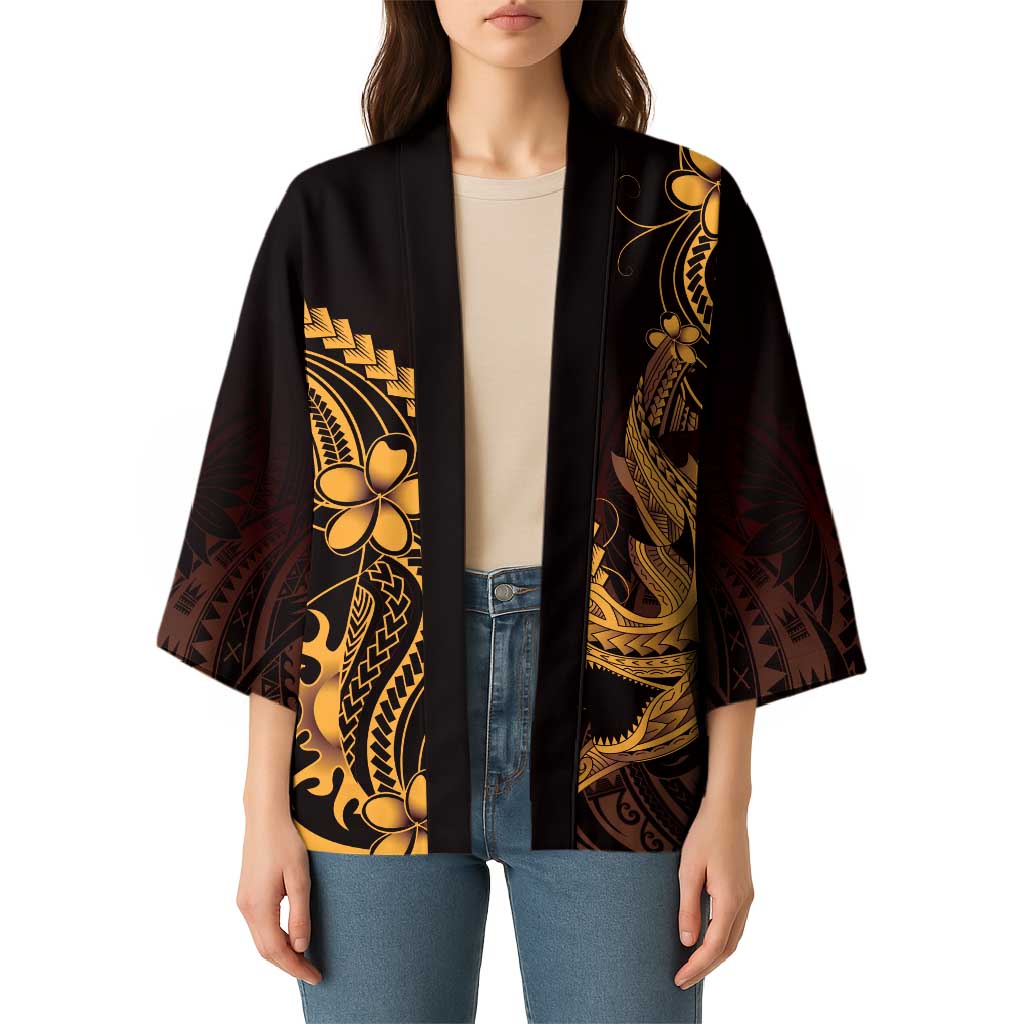 Gold Black Aloha Hawaii Kimono Polynesian Shark Tattoo With Plumeria - Polynesian Pride