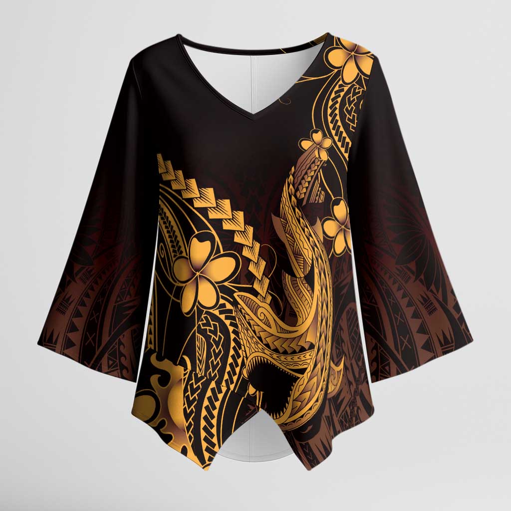Gold Black Aloha Hawaii Kimono Sleeve Blouse - Polynesian Shark Tattoo With Plumeria LT14 Female Gold - Polynesian Pride