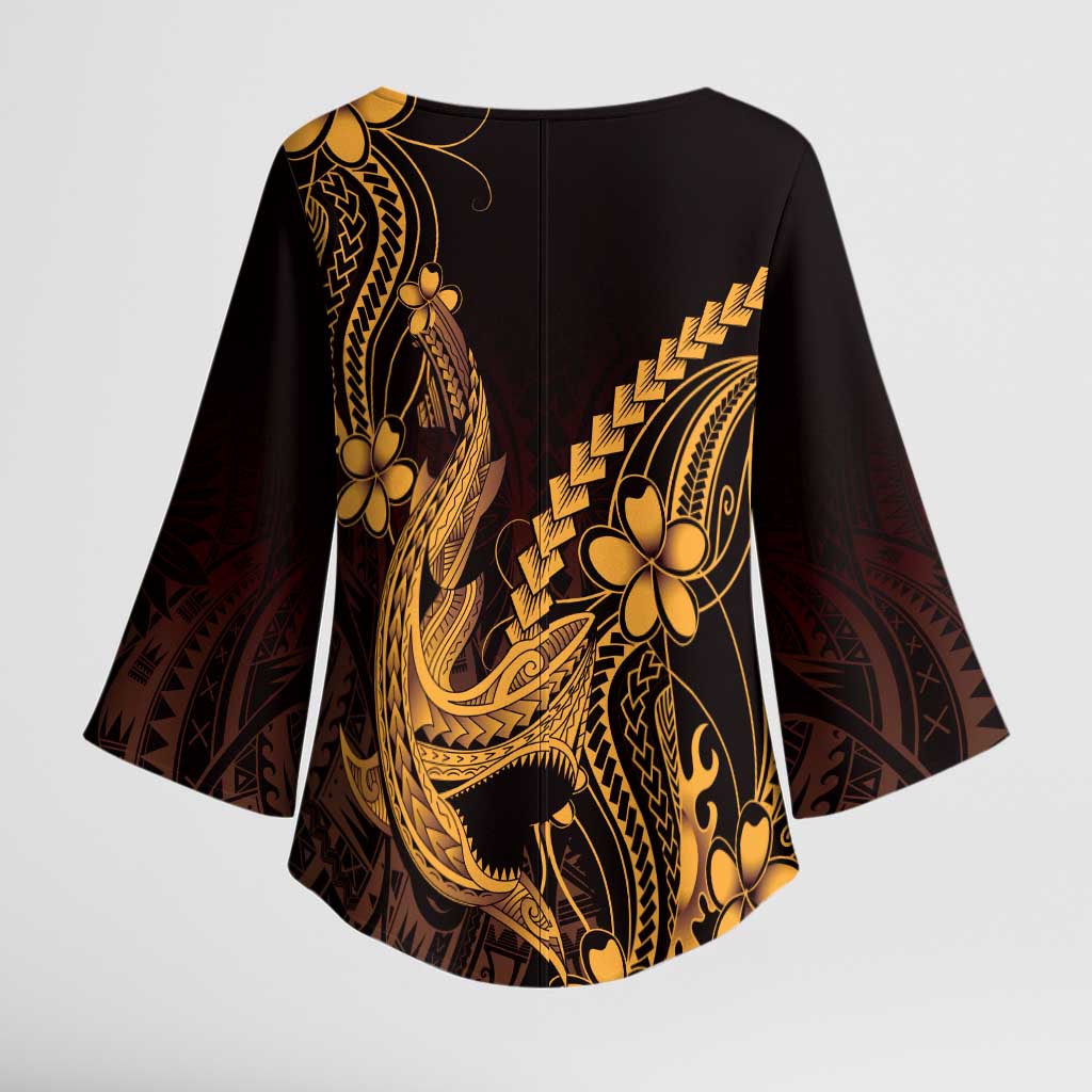 Gold Black Aloha Hawaii Kimono Sleeve Blouse - Polynesian Shark Tattoo With Plumeria LT14 - Polynesian Pride