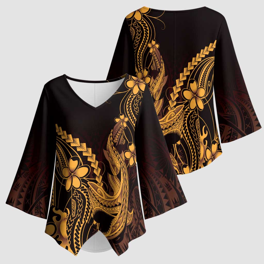 Gold Black Aloha Hawaii Kimono Sleeve Blouse - Polynesian Shark Tattoo With Plumeria LT14 - Polynesian Pride