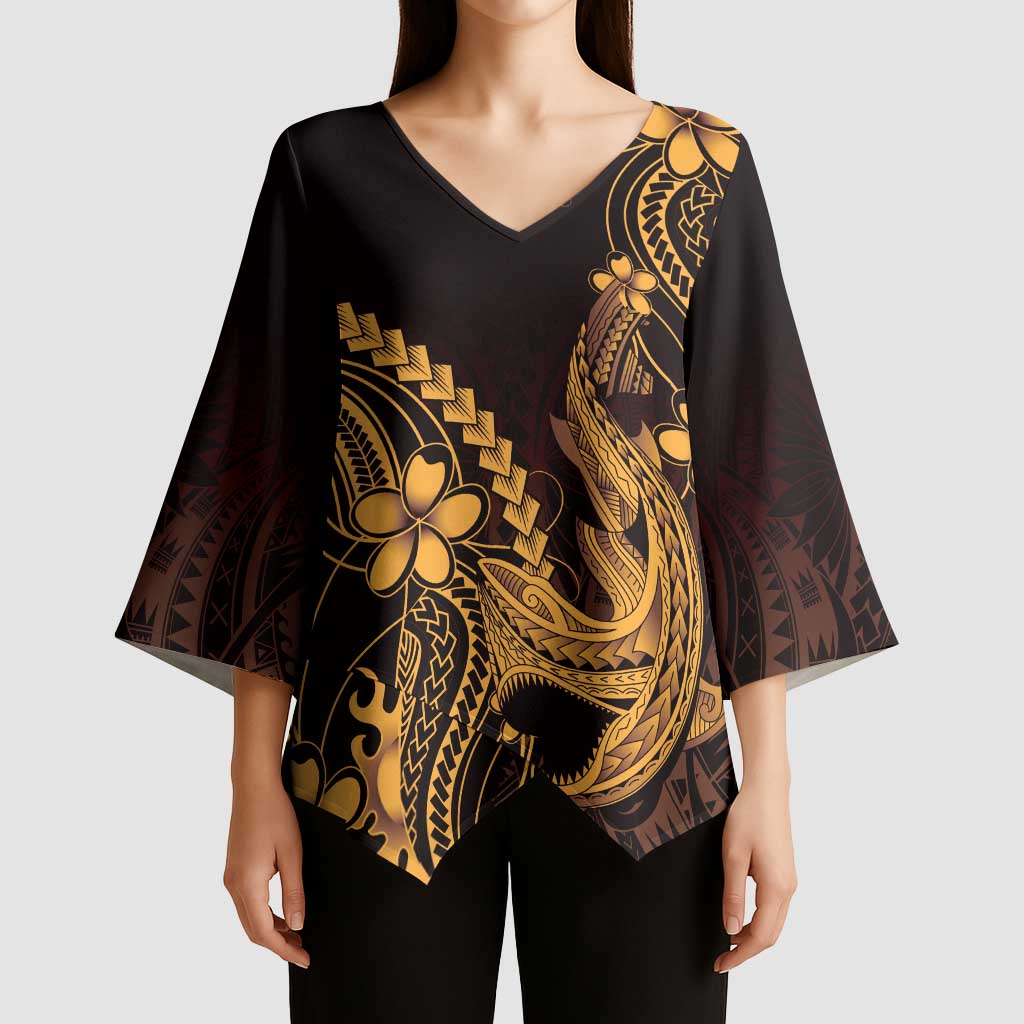 Gold Black Aloha Hawaii Kimono Sleeve Blouse - Polynesian Shark Tattoo With Plumeria LT14 - Polynesian Pride