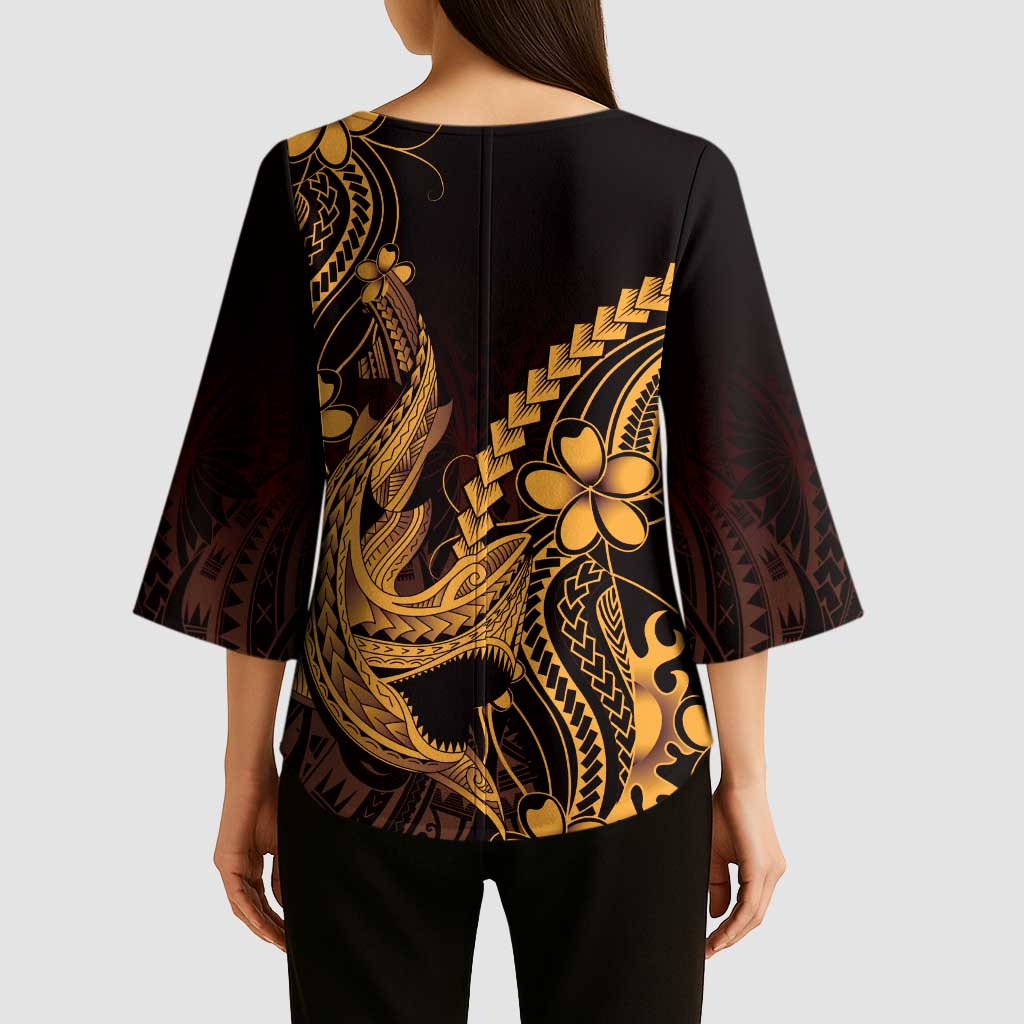 Gold Black Aloha Hawaii Kimono Sleeve Blouse - Polynesian Shark Tattoo With Plumeria LT14 - Polynesian Pride