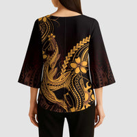 Gold Black Aloha Hawaii Kimono Sleeve Blouse - Polynesian Shark Tattoo With Plumeria LT14 - Polynesian Pride