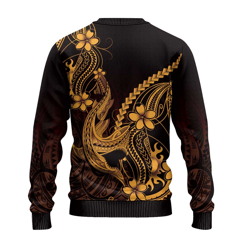 Gold Black Aloha Hawaii Ugly Christmas Sweater Polynesian Shark Tattoo With Plumeria - Polynesian Pride