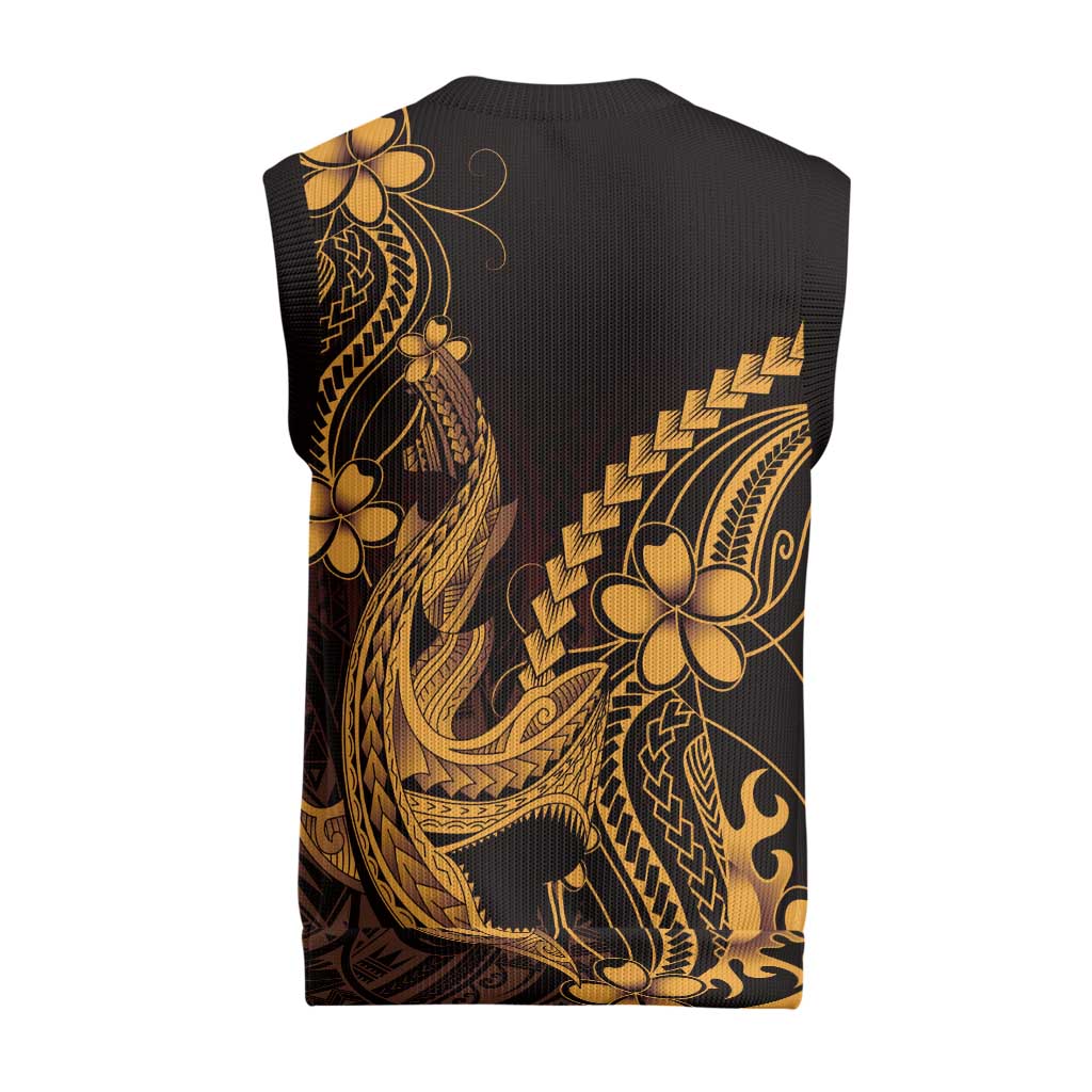 Gold Black Aloha Hawaii Christmas Knitted V-Neck Vest Polynesian Shark Tattoo With Plumeria - Polynesian Pride