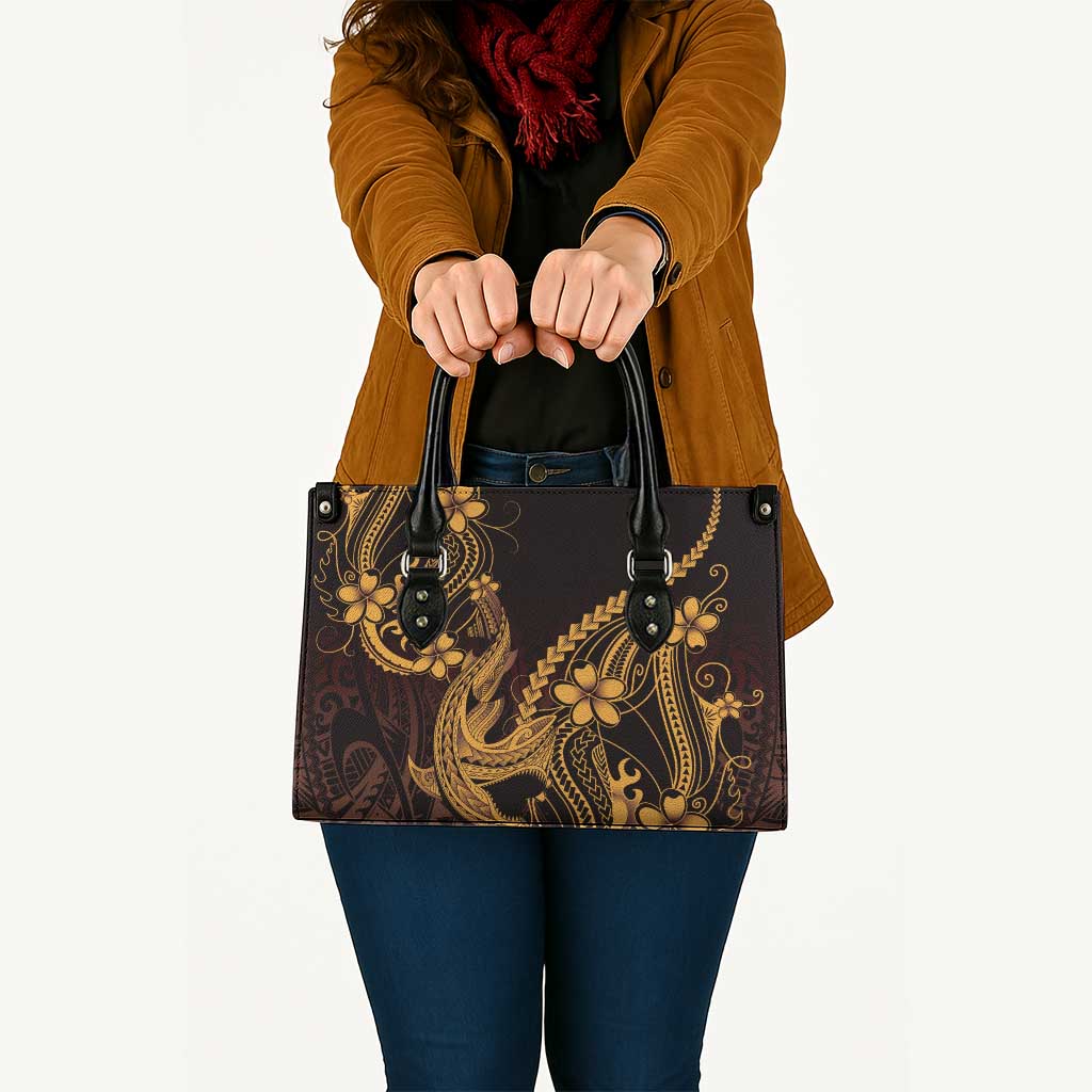 Gold Black Aloha Hawaii Leather Bag Polynesian Shark Tattoo With Plumeria - Polynesian Pride
