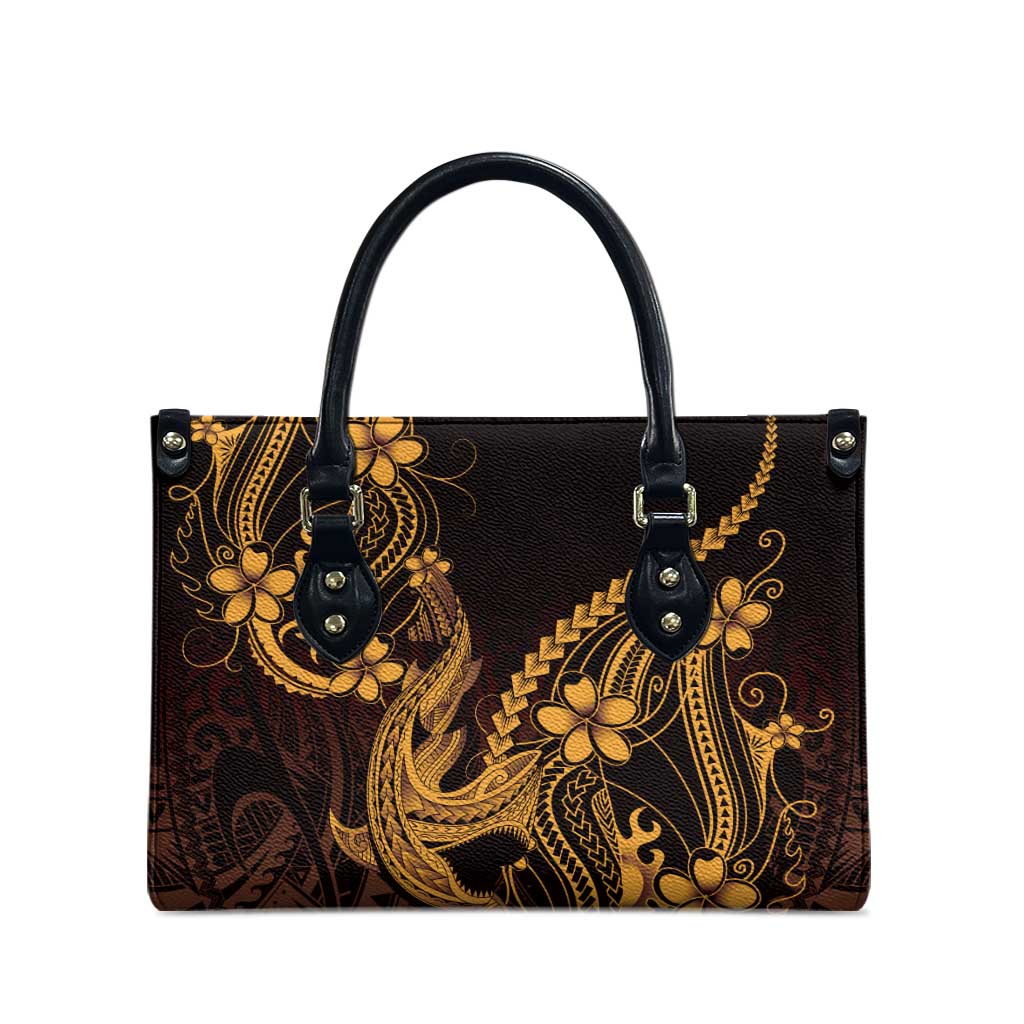 Gold Black Aloha Hawaii Leather Bag Polynesian Shark Tattoo With Plumeria - Polynesian Pride