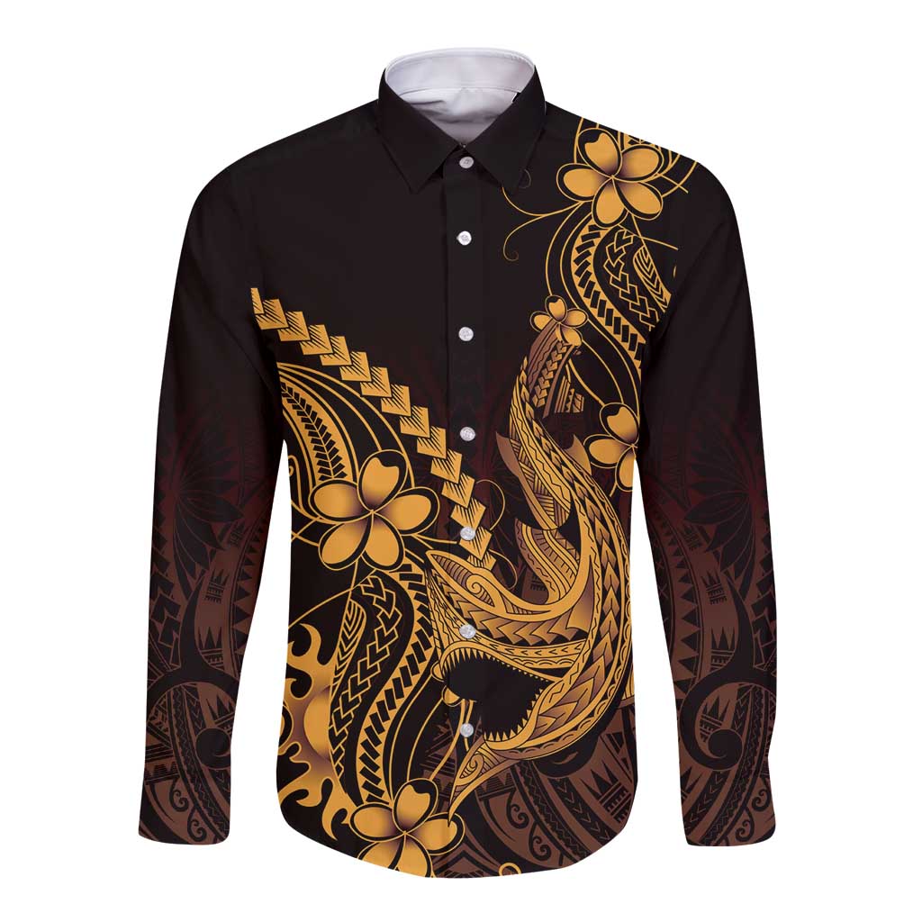 Gold Black Aloha Hawaii Long Sleeve Button Shirt Polynesian Shark Tattoo With Plumeria LT14 Unisex Gold - Polynesian Pride