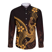 Gold Black Aloha Hawaii Long Sleeve Button Shirt Polynesian Shark Tattoo With Plumeria LT14 Unisex Gold - Polynesian Pride