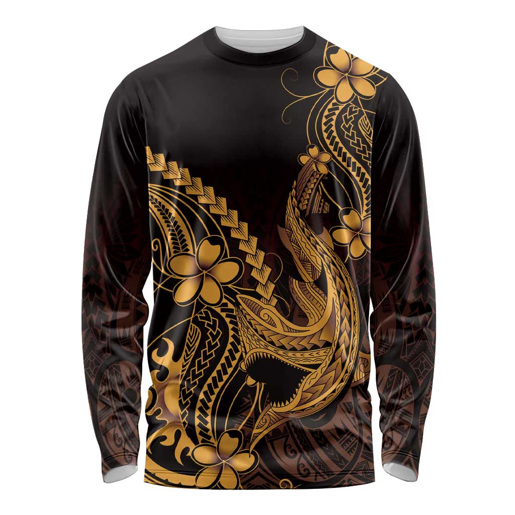 Gold Black Aloha Hawaii Long Sleeve Shirt Polynesian Shark Tattoo With Plumeria LT14 Unisex Gold - Polynesian Pride