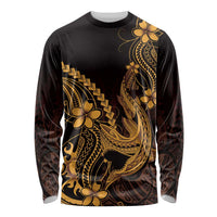 Gold Black Aloha Hawaii Long Sleeve Shirt Polynesian Shark Tattoo With Plumeria LT14 Unisex Gold - Polynesian Pride