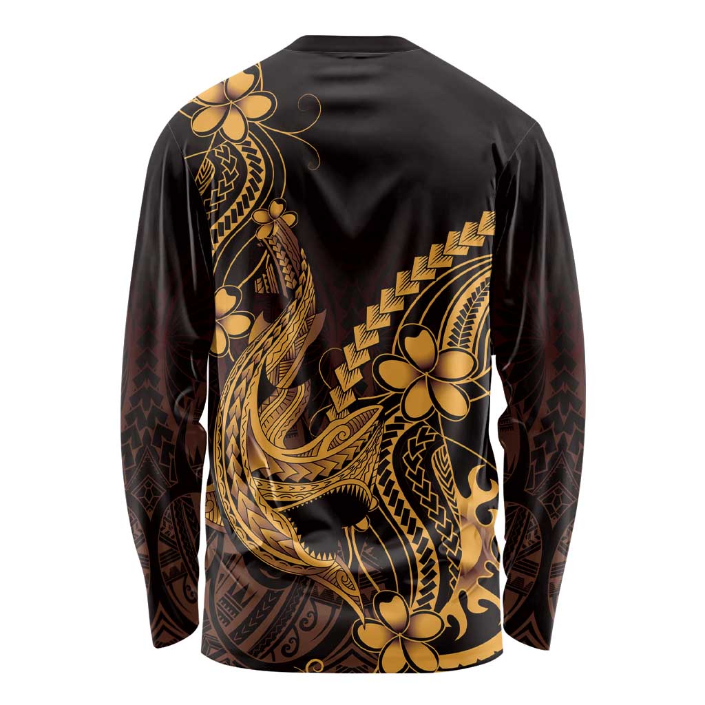 Gold Black Aloha Hawaii Long Sleeve Shirt Polynesian Shark Tattoo With Plumeria LT14 - Polynesian Pride