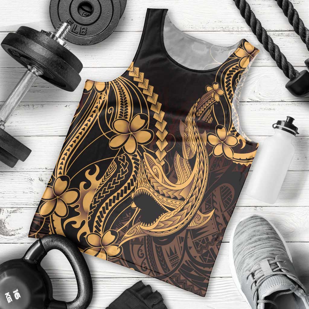 Gold Black Aloha Hawaii Men Tank Top Polynesian Shark Tattoo With Plumeria LT14 - Polynesian Pride
