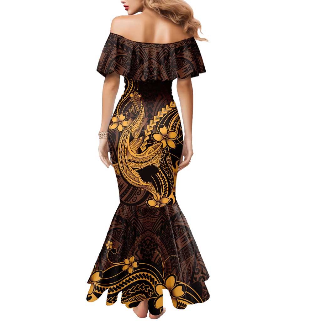 Gold Black Aloha Hawaii Mermaid Dress Polynesian Shark Tattoo With Plumeria - Polynesian Pride