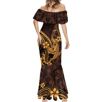 Gold Black Aloha Hawaii Mermaid Dress Polynesian Shark Tattoo With Plumeria - Polynesian Pride